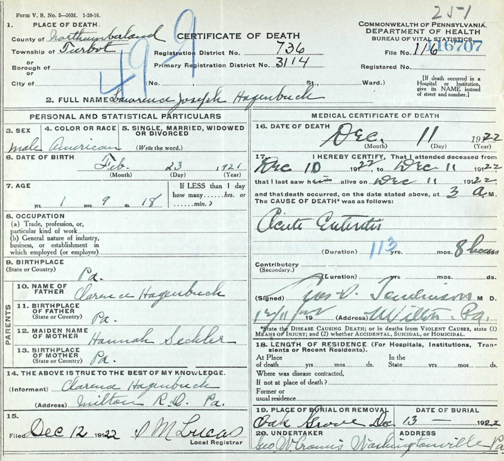 Lawrence Hagenbuch Death Certificate 