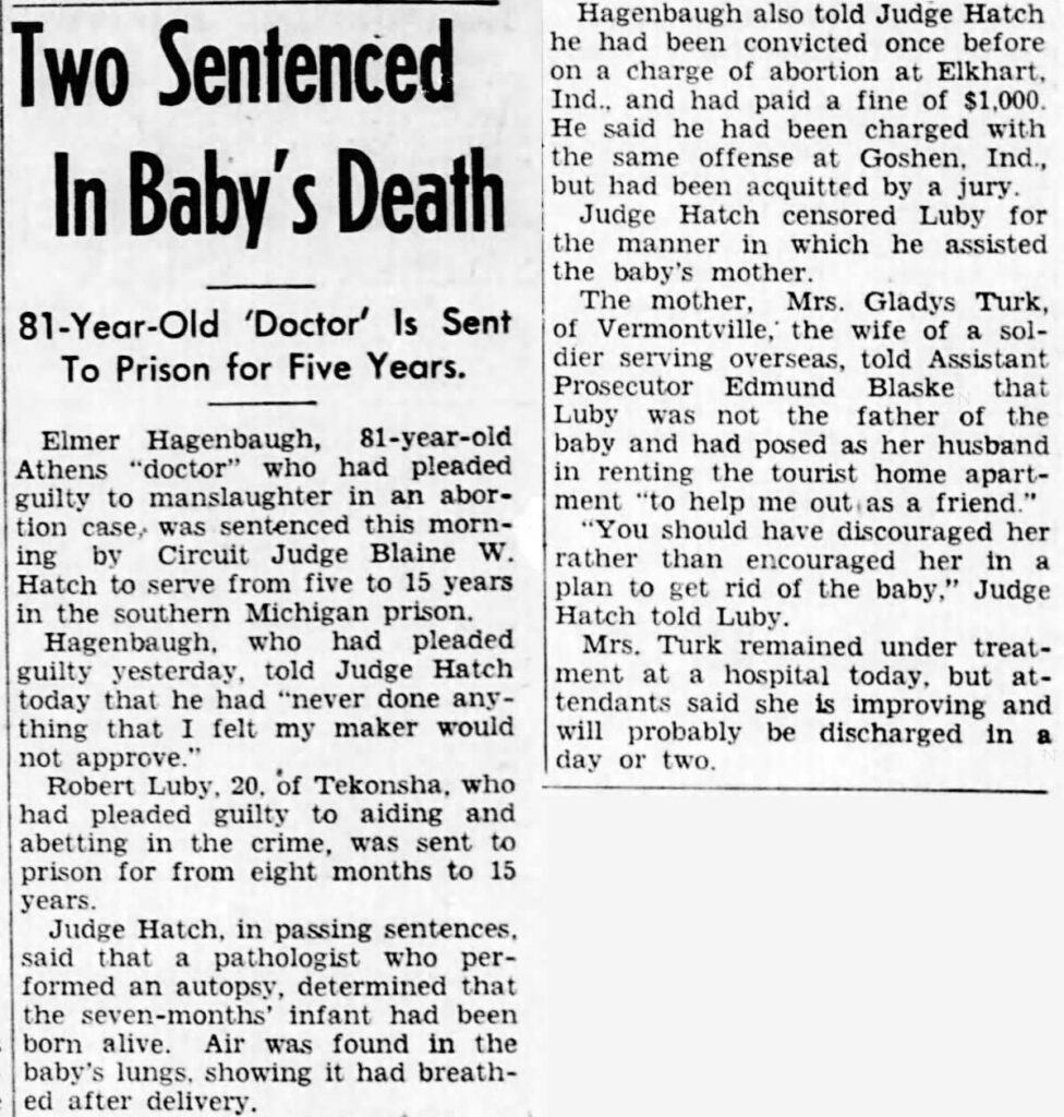 Elmer Hagenbaugh Sentenced Prison Abortion 1945