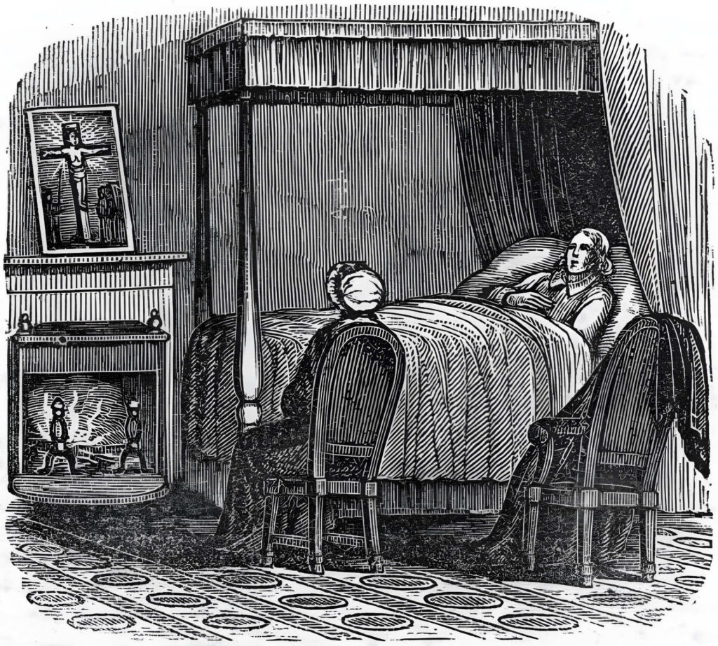 Engraving of Benjamin Franklin on his deathbed in 1790