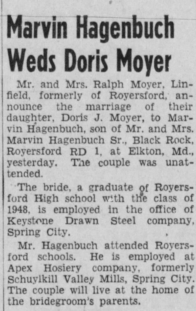 Marvin Hagenbuch, Doris Moyer Wedding Announcement 1949